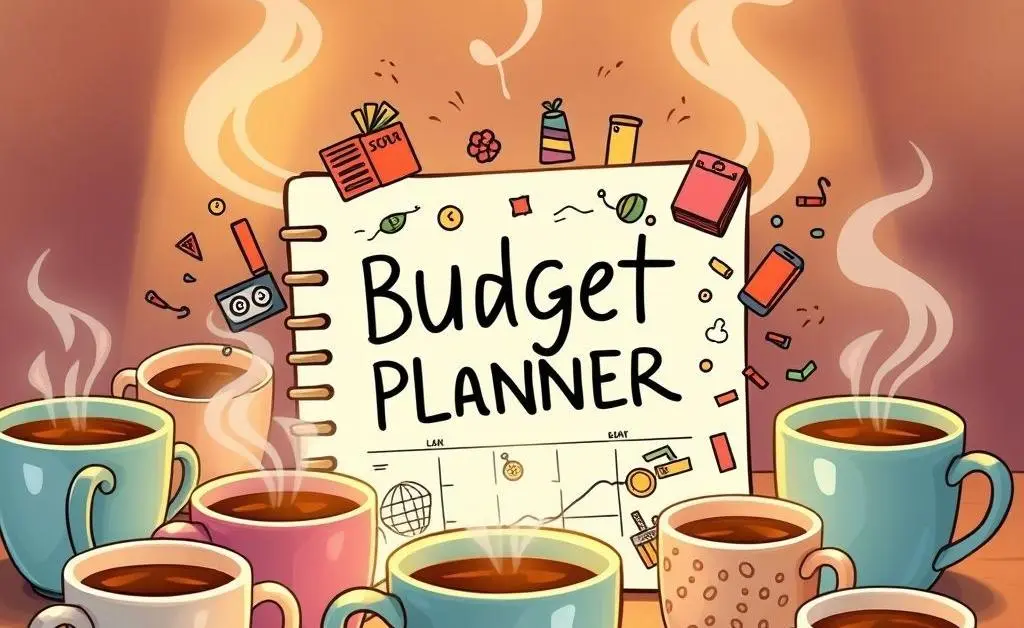 A colorful, hand-drawn budget planner surrounded by coffee cups and warm lighting.