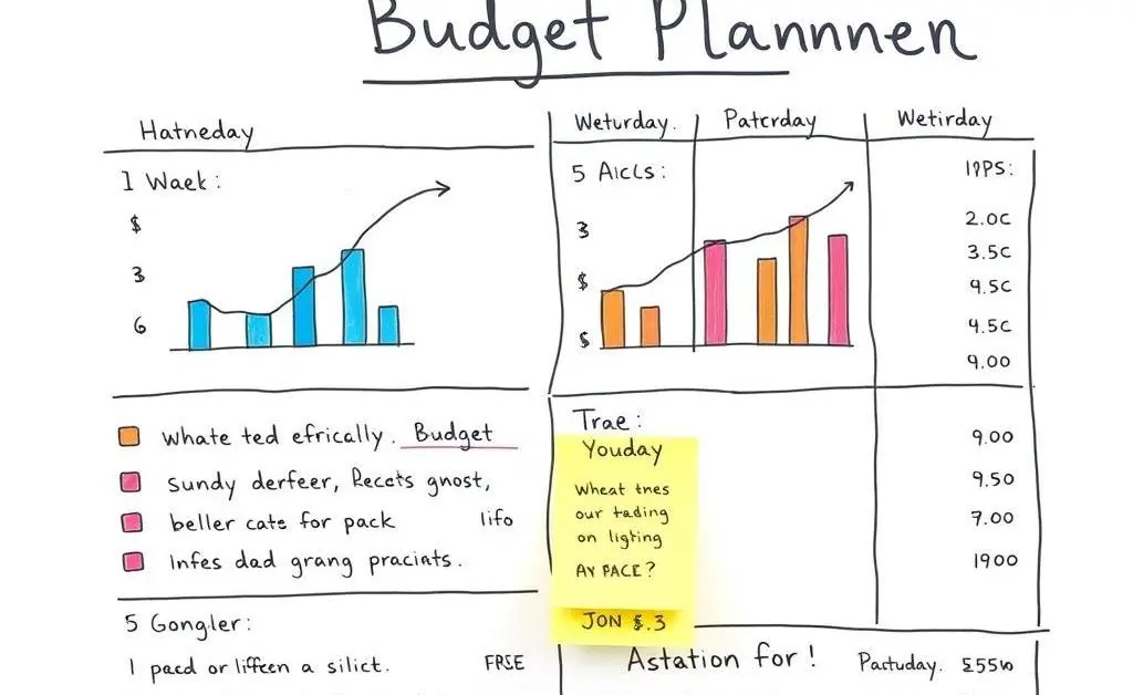 A hand-drawn aesthetic budget planner with colorful charts and notes