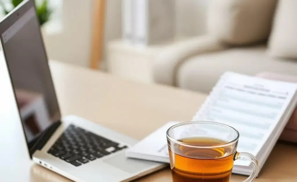 A calm home office setting with a laptop, a budget planner, and a cup of tea, symbolizing financial planning.