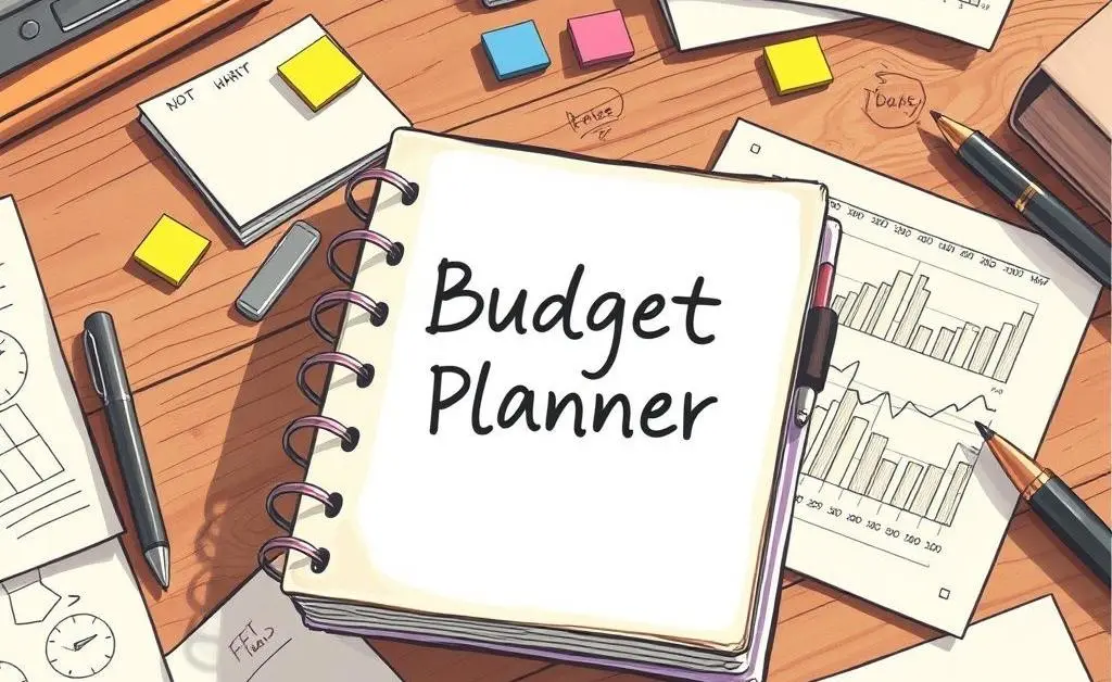 A personalized budgeting planner on a desk with financial notes and graphs.
