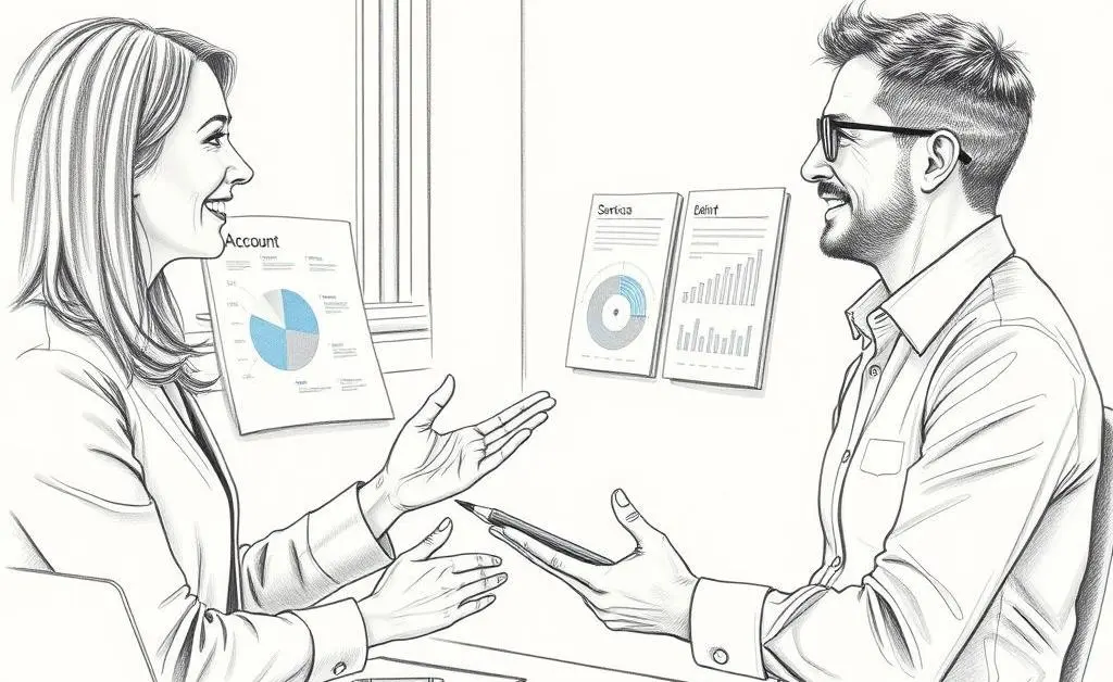 Account manager customizing a service for a client, highlighting personal interaction.
