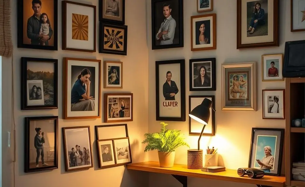 A home office with personalized decor like framed artwork, photos, and a small plant on a shelf.