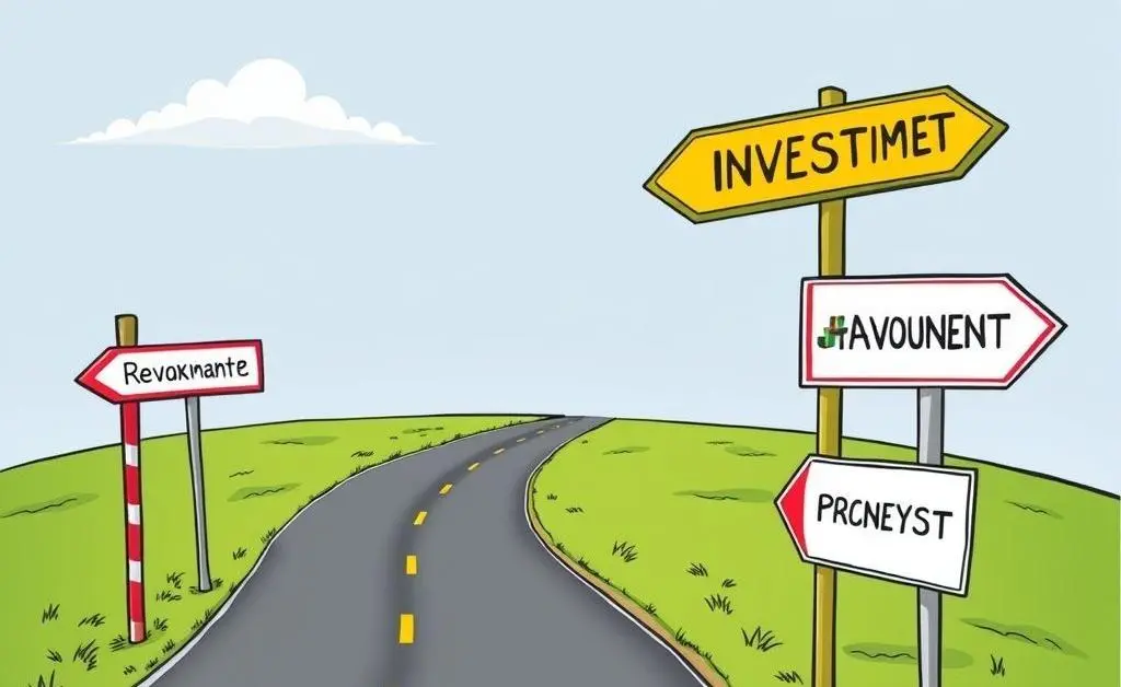 Illustration of a road with investment signposts.