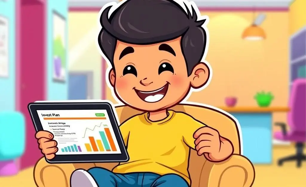 A cartoon person sitting with a personalized investment plan on a tablet