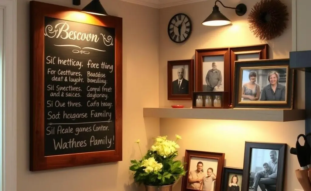 Kitchen corner with personalized decor like a chalkboard menu.