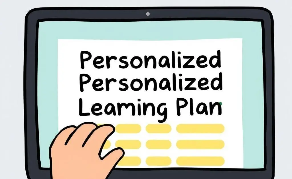 Cartoon-style image of a person reviewing a personalized learning plan on a laptop.