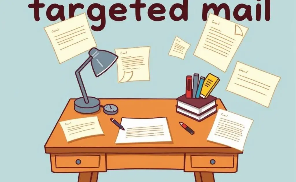 A cartoon-style image of a writing desk with personalized letters and notes, emphasizing creativity in targeted mail.
