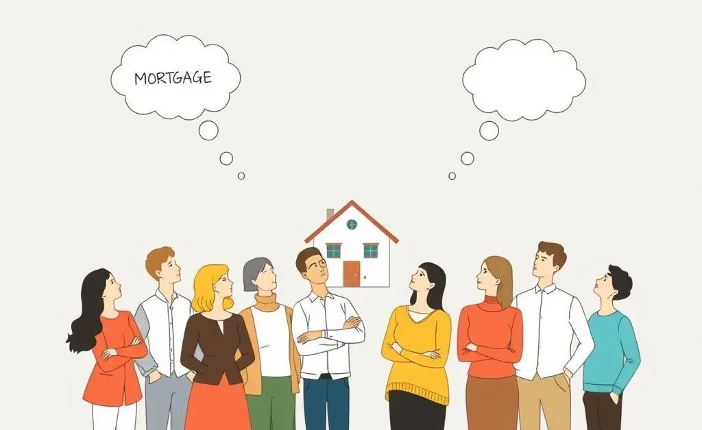 A minimalist drawing of diverse individuals pondering mortgage options, with thought bubbles overhead