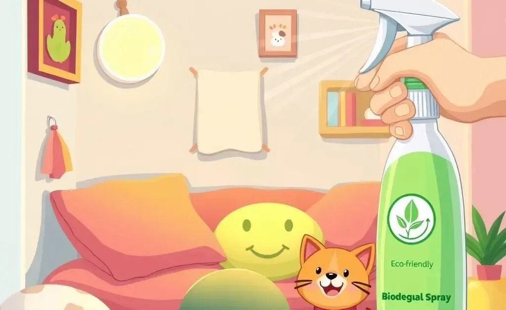Cartoon-style image showing a pet corner being cleaned with eco-friendly deodorizing sprays.