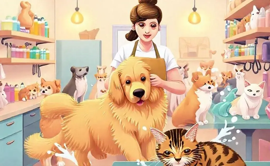 An illustration of a pet grooming service in action, with dogs and cats being pampered.