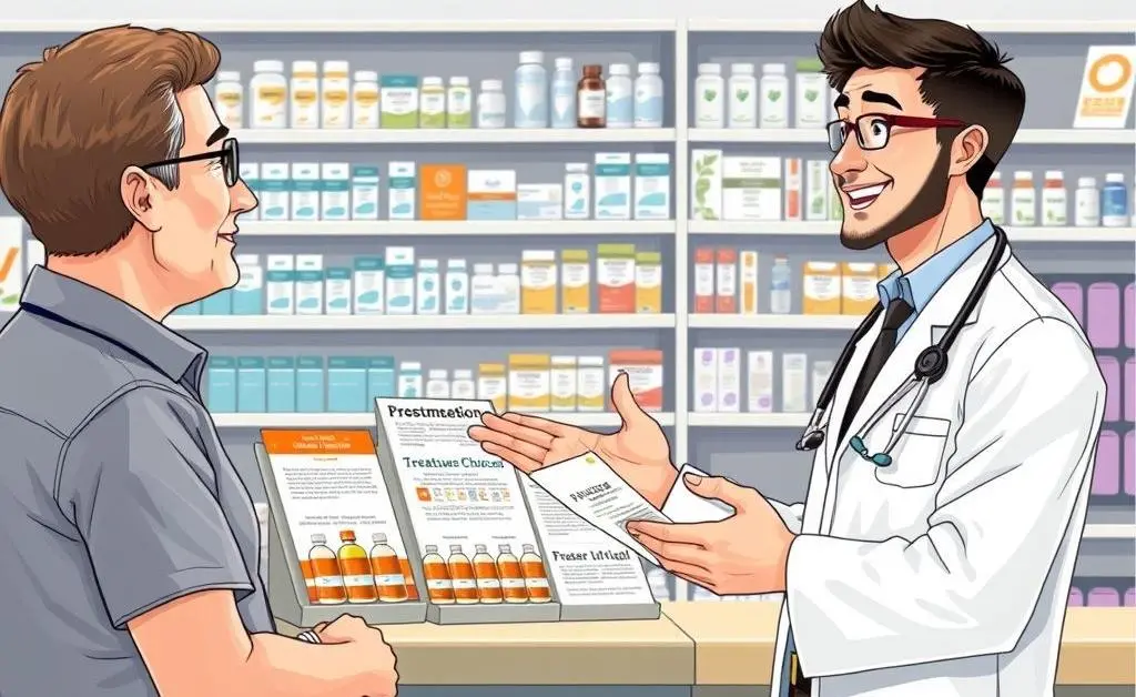 Illustration of a pharmacist explaining medication options to a customer at the counter.