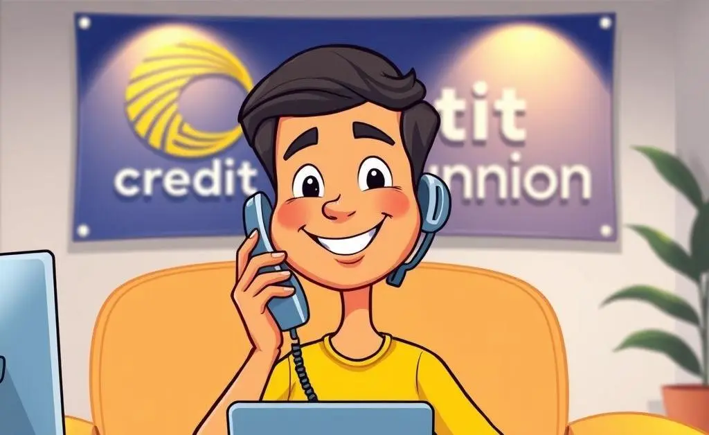 Cartoon of a person on the phone with a customer service representative with a credit union logo in the background.