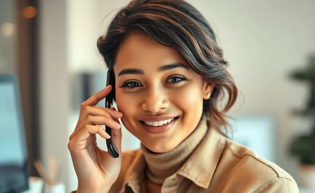 Person talking on the phone, looking reassured, indicating a helpful conversation