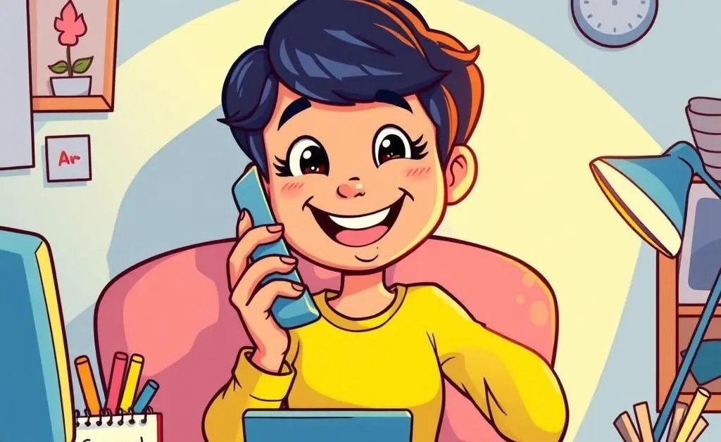 A person on the phone with a supportive friend, cartoon-style.