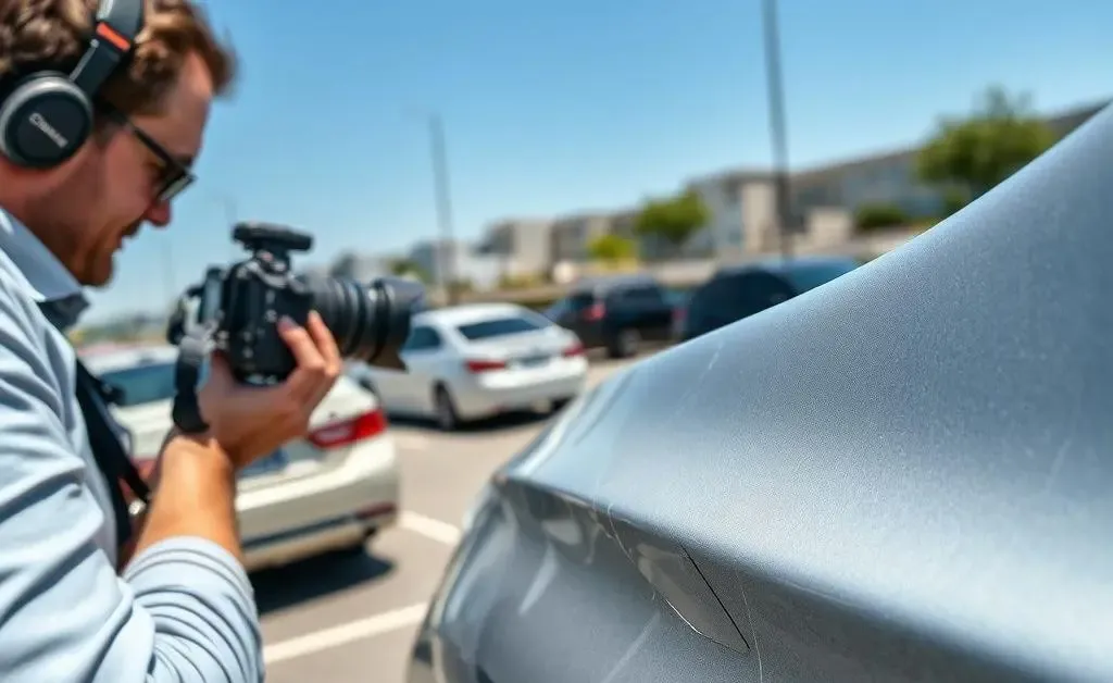 A person taking photos of a car for insurance documentation.