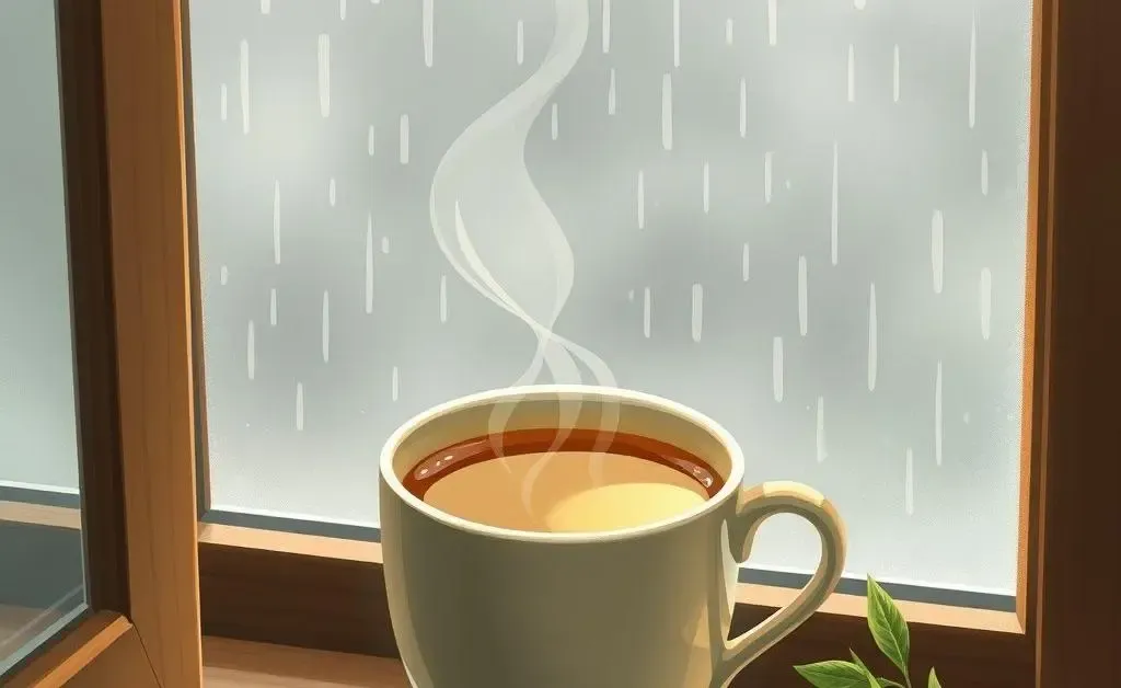 Steaming cup of herbal tea on a windowsill with rain outside