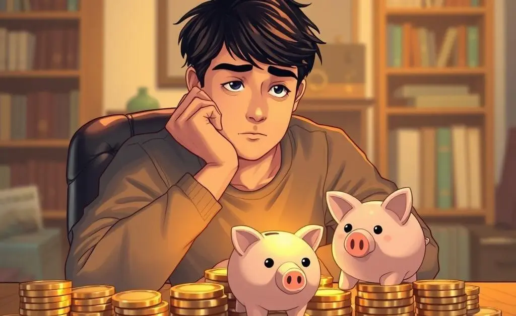 Illustration of a person pondering with a piggy bank and stacks of coins.