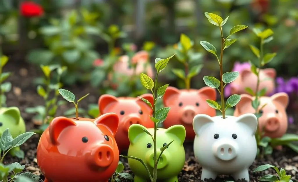 A garden with various piggy banks representing different dividend stocks growing money.