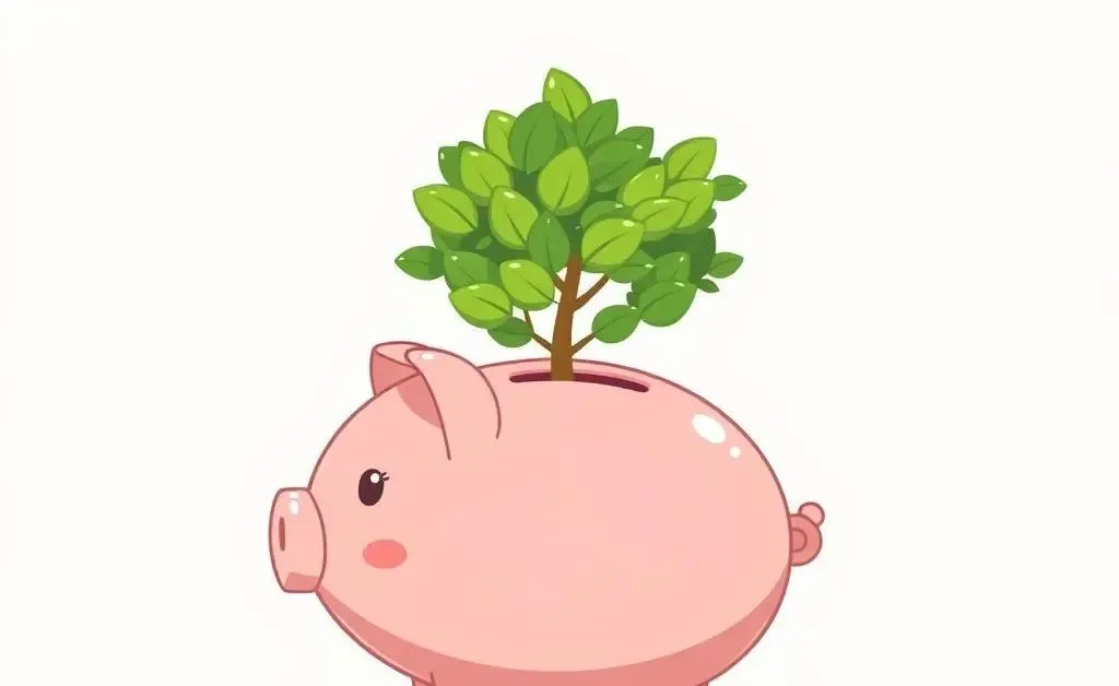 A minimalist cartoon of a piggy bank sprouting a tree, symbolizing investment growth.