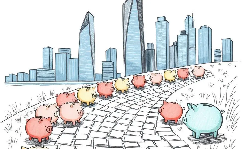 Hand-drawn aesthetic of a winding path with piggy banks leading towards a modern city skyline.