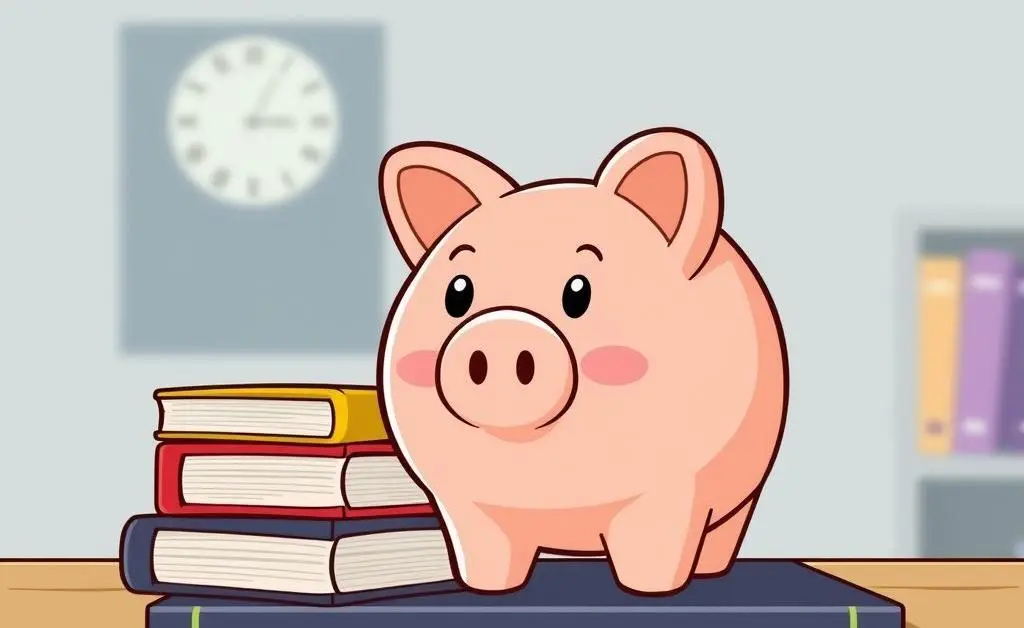 A piggy bank and books together on a study table