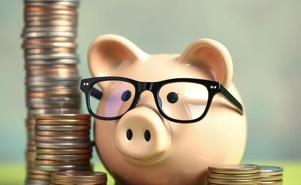 A piggy bank wearing glasses sitting next to stacks of coins.