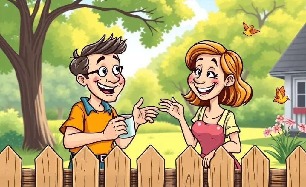 Cartoon-style image of neighbors smiling as they discuss plans over a fence.