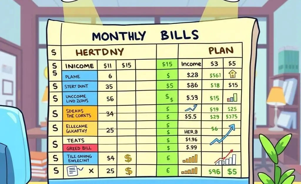 A cartoon illustration of a spreadsheet with columns like 'Monthly Bills', 'Income', and 'Plan'