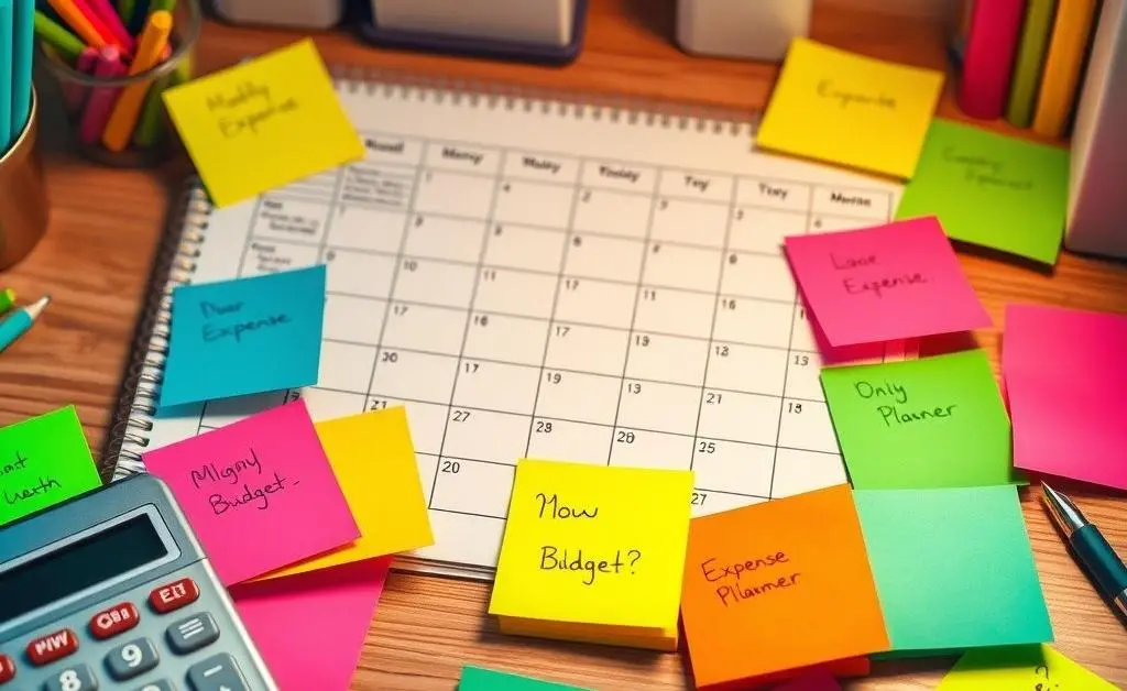 An open diary with a monthly budget plan, colorful sticky notes, and a pencil.