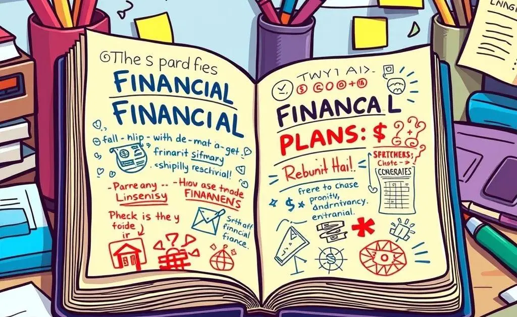 Notebook with financial plans and doodles
