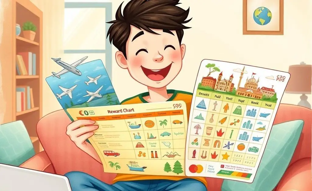 A whimsical illustration of a person planning a vacation using a credit card reward chart