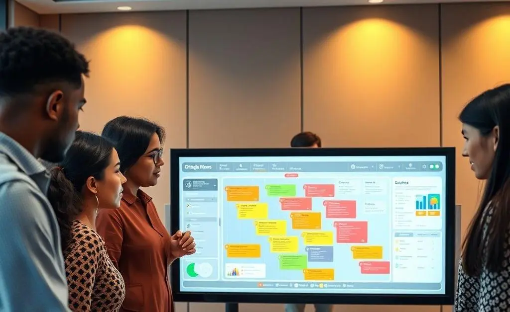 A diverse group of people standing over a planning board, discussing strategies with thoughtful expressions.