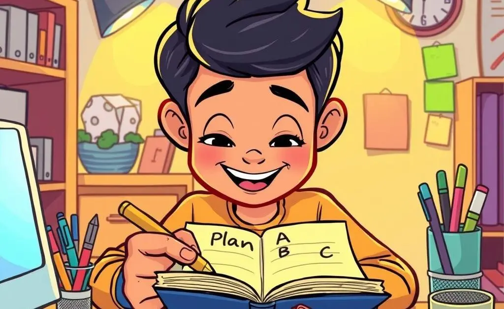 A person writing in a notebook with plans.