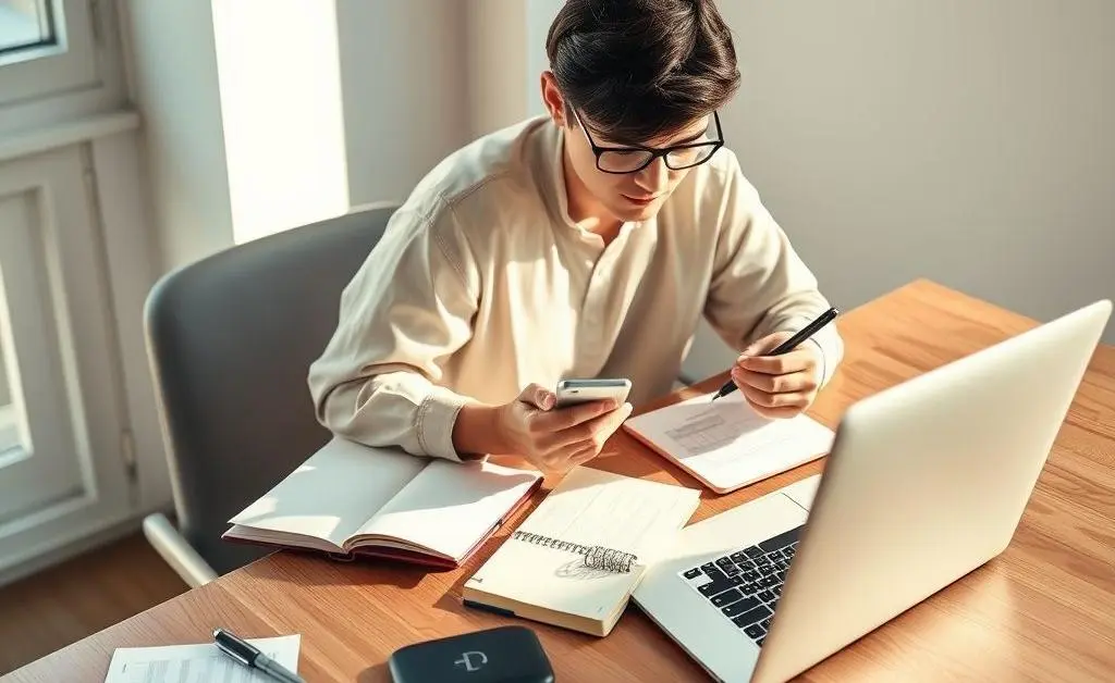 A person using a notebook and phone to plan a budget for healthcare expenses.