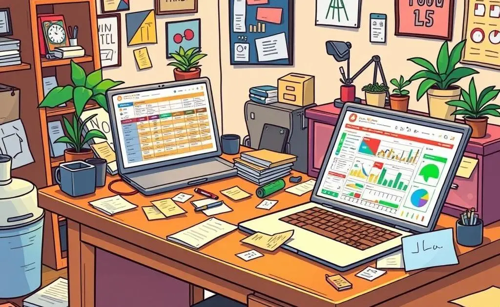 A desk with notes and a laptop planning a spreadsheet.