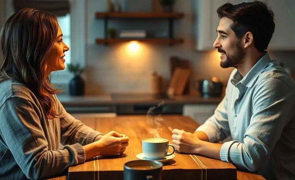Two people discussing mortgage plans at a cozy kitchen table over coffee.