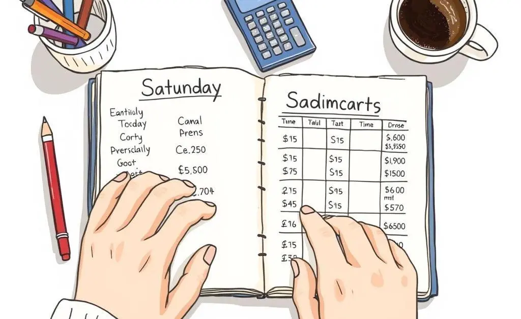A student planning monthly expenses in a notebook.