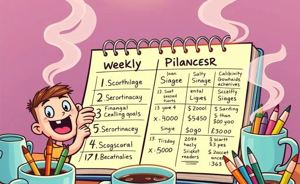 A planner illustrating financial goals, surrounded by coffee and pens.