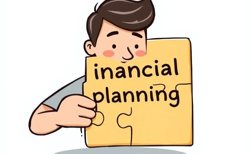 A cartoon-style image of a person putting together a puzzle labeled 'financial planning'.
