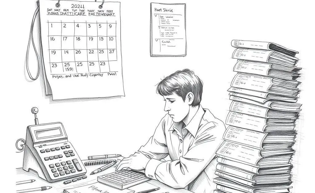A hand-drawn image of a person with a calculator, calendar, and stack of healthcare bills