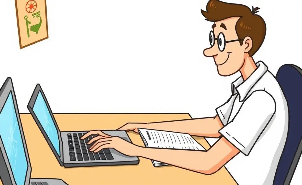 A person planning a trip with a laptop and travel brochures on a desk.