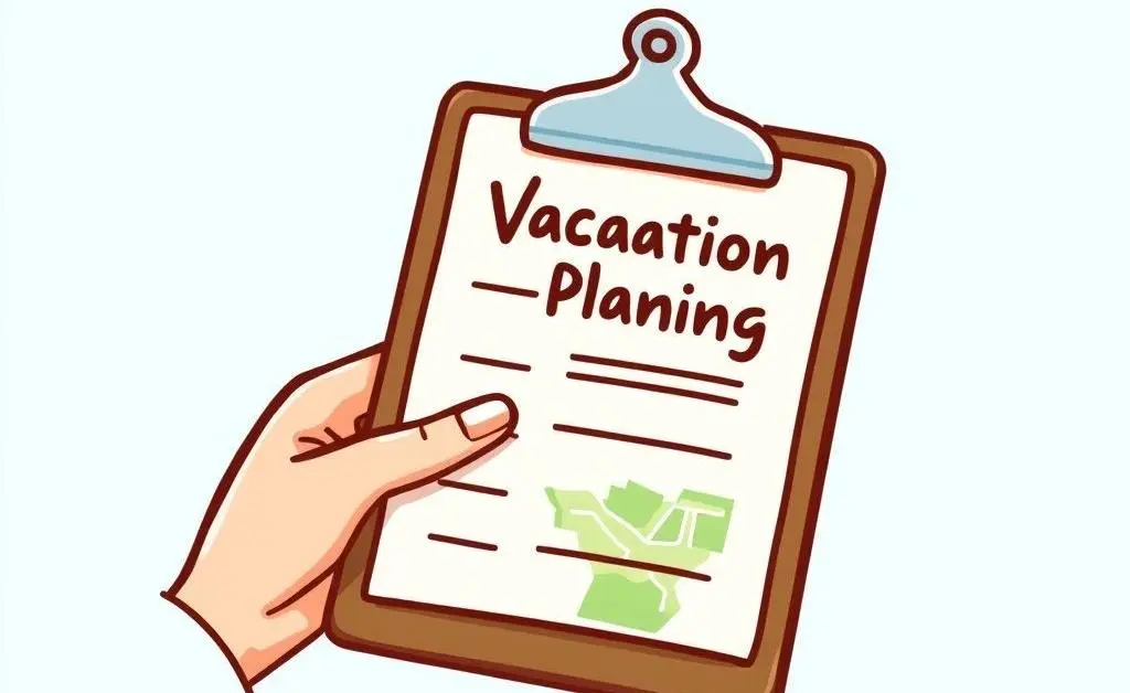 Hand holding a vacation planning clipboard with a map