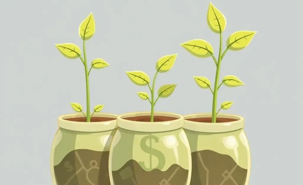 Illustration of plants growing out of money pots representing investment growth