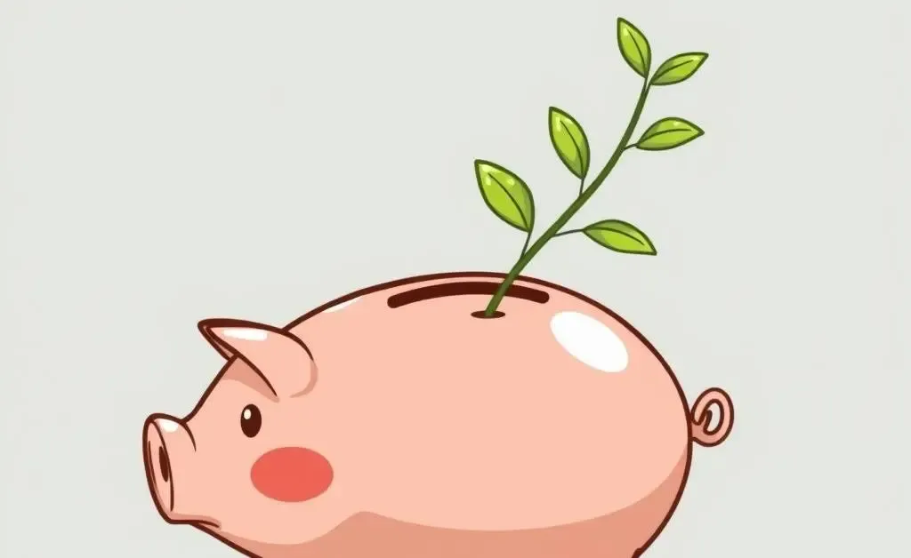 A cartoon of a piggy bank sprouting a small plant, symbolizing growing savings.