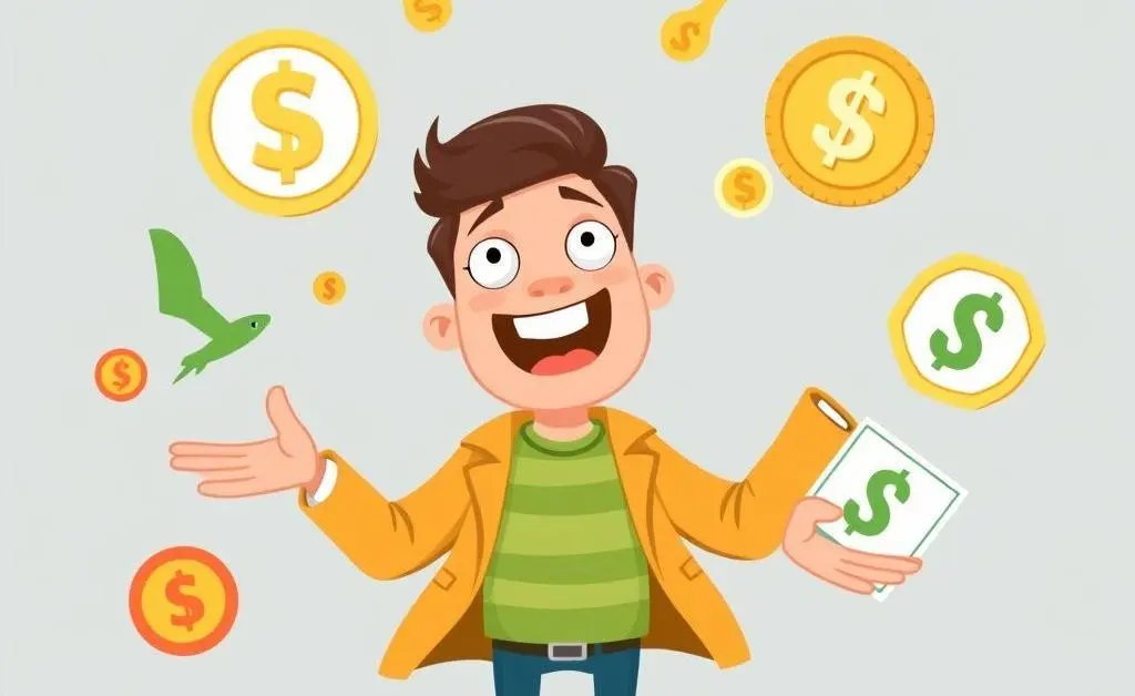 A person juggling different investment symbols in a playful style