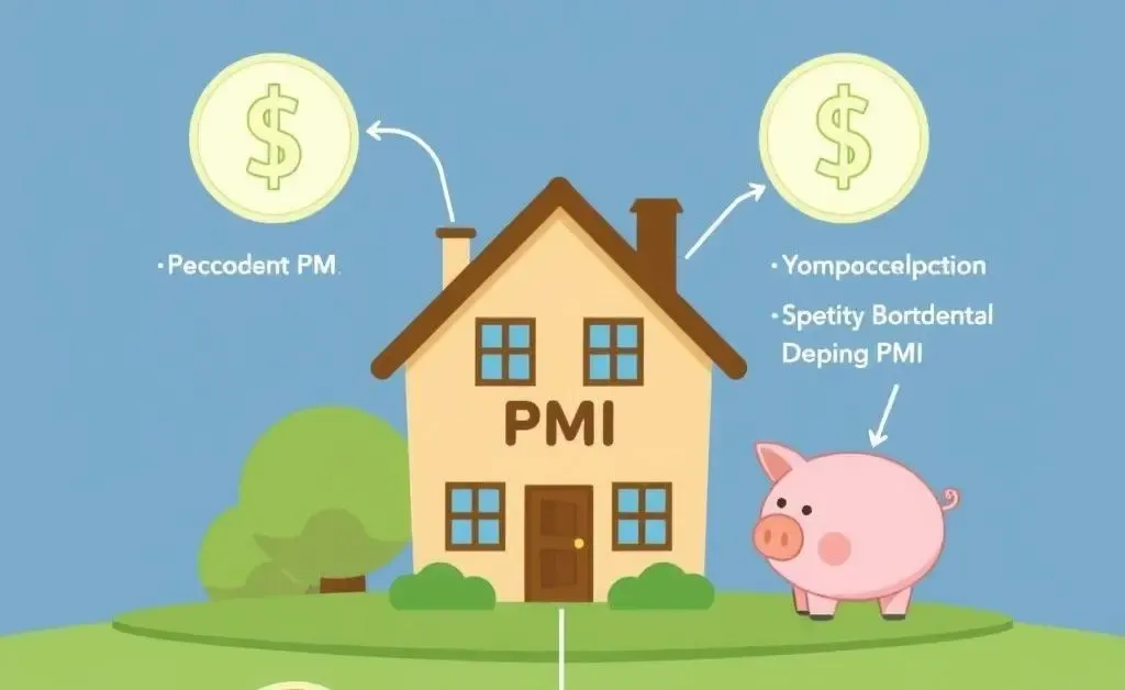 A diagram explaining PMI with simple elements like a house, a dollar sign, and a piggy bank.