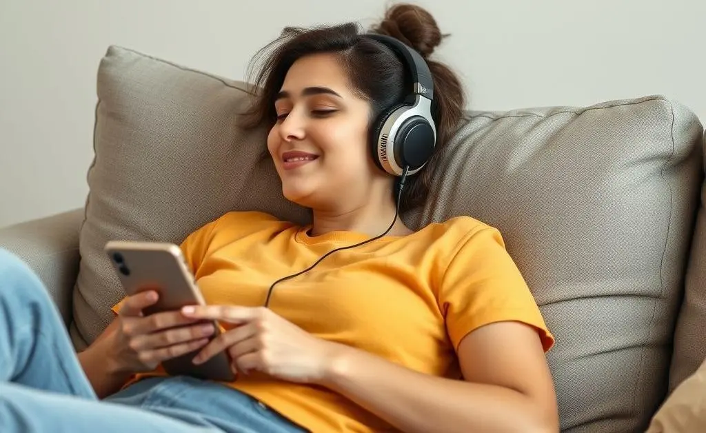 A person relaxed on a sofa, listening to a podcast with headphones.