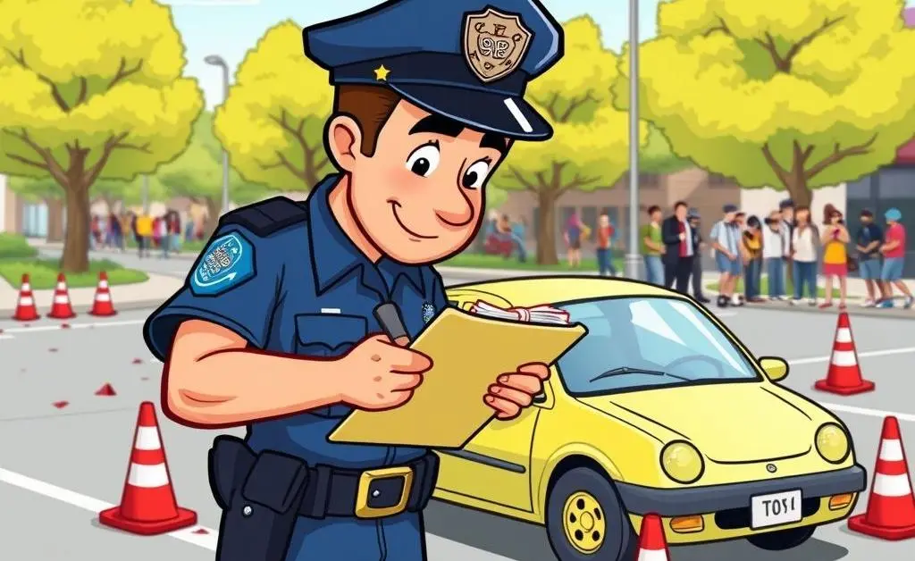 A cartoon-style image of a police officer writing a report at the scene of a minor car accident.