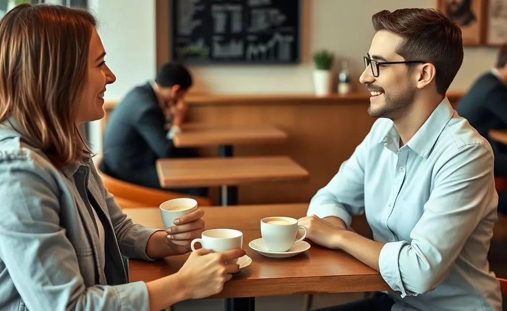 Two people having a friendly discussion at a coffee shop with a newspaper showing economic charts on the table.