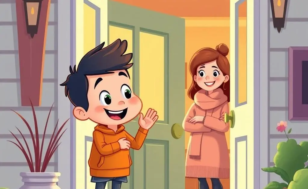 A friendly cartoon character politely interacting with a host at the doorway.